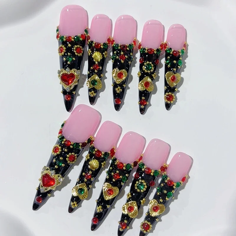 Atacado artesanal xxxl longo 10 pçs imprensa em unhas y2k bling strass longo stiletto quadrado unhas falsas reutilizáveis unhas falsas