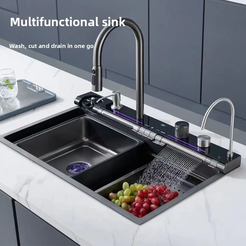 

Kitchen Sink Stainless Steel 304 Single Bowl Blue Whale Fish Rainfall Pull Out Faucet Waterfall Tap Vegetable Washing Basin