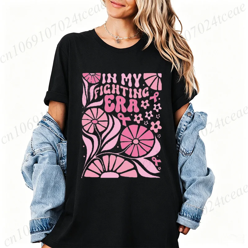 T Shirt for Women Boho Floral Breast Cancer Graphic T-shirt Top Pink Abstract Flowers Coquette Bow Women's Clothing Top Tee