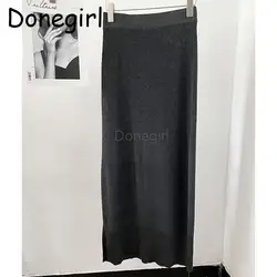 Donegirl Women 2023 New Split Knitted Long Skirt Elegant Solid Slim Elegant Texture Midi Skirt Simple Sweater Set Female Suit