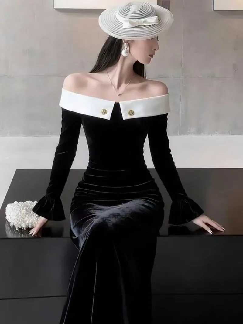 新しいヘップバーンスタイル秋ベルベットドレス女性エレガントなスラッシュネックオフショルダー長袖コントラストカラーパーティードレスvestidos