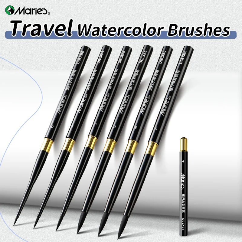 

Акварельная кисть для путешествий Marie, 6 размеров, съемная портативная дорожная кисть, нейлоновая кисть для акварели, акрила и чернил