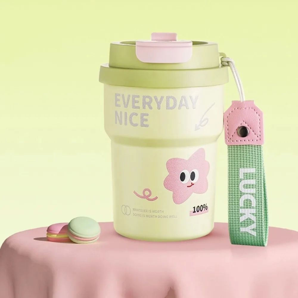 Stainless Steel Straw Water Cup Cartoon Pattern Leak-proof Insulated Bottle Removable Straw Included Coffee Cup Daily Use