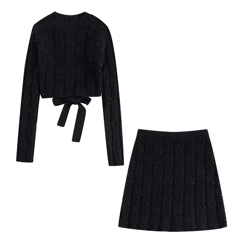 Women Knit Sweater Mini Skirt Suits Two-Piece Winter Round Collar Pullover O-Neck  Lace-up Tops Short Skirt Set Outfit