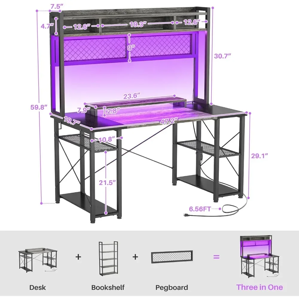 2024 Upgrade Gaming Desk with Hutch, 48'' Magic Computer Desk with LED and Outlets, Reversible Workstation Desk with Pegboard