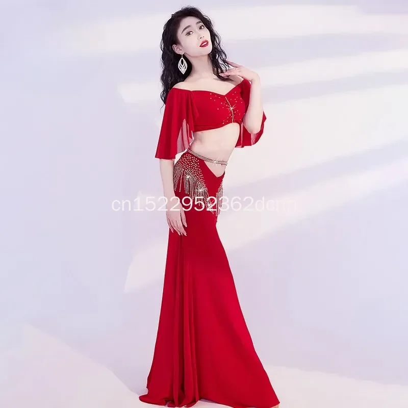 Costume de danse du ventre personnalisé, ensemble de danse du ventre, robe longue d'entraînement à pampilles, robe de spectacle de danse pour femmes, vêtements de danse du ventre