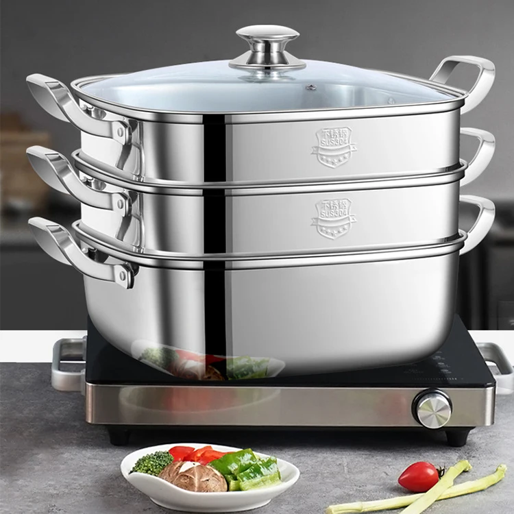 

30cm Large-capacity Multi-purpose 304 316 Stainless Steel Stackable 1/2/3 Tier Square Food Steamer Pot