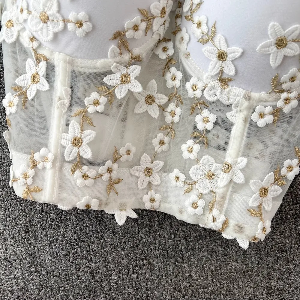 Beautiful Golden Emboridery Corset Lady Transparent Mesh Bustier Sexy Floral Lace Tank Top Elegant CropTop Club Party Bralet