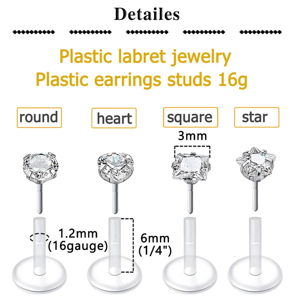 2pcs/8pcs 16G Clear Lip Rings Studs Plastic Labret Piercing Jewelry Push in Cartilage Earring Threadless Helix 6mm 8mm 10mm