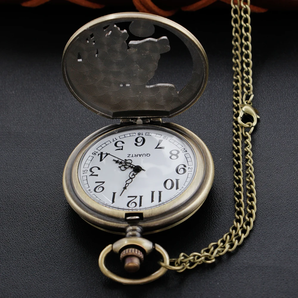 Vintage Bronze Animal Series Moon Wolf Hollow Gentleman Quartz Pocket Watch Steampunk Necklace Pendant Men's and Women's Gift