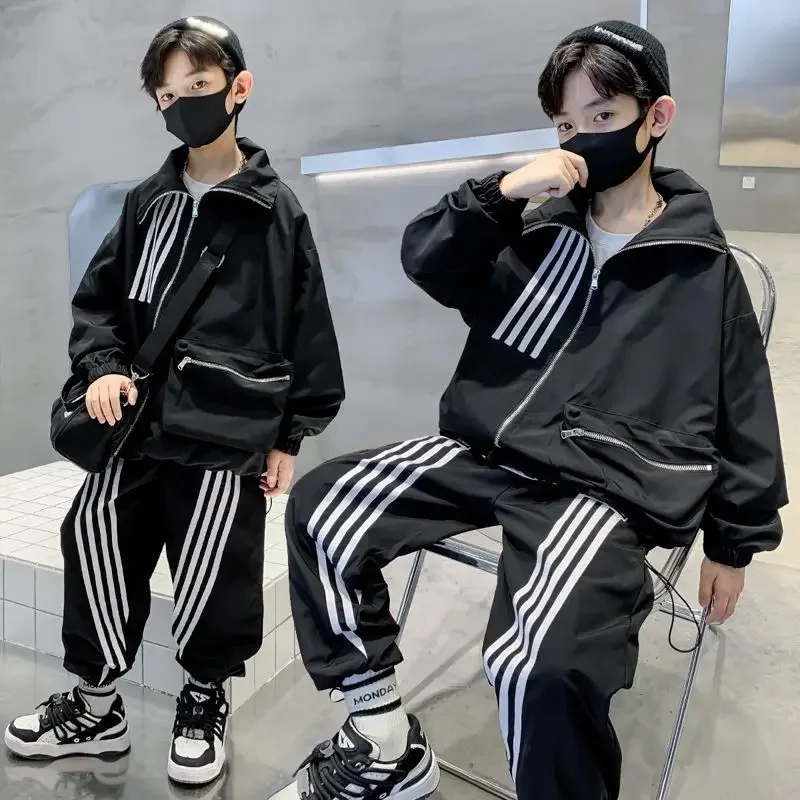 

Boys' Sets Zipper Jacket Pants Two Pieces Side Striped Turndown Spring Autumn Sport 4-12 Yrs Children's top and bottom clothes