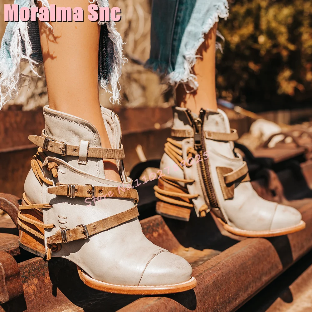 Retro Round Toe Belt Buckle Ankle Boots Block Chunky Heeled Side Zipper Fashion Autumn Winter Women's Short Boots White Solid