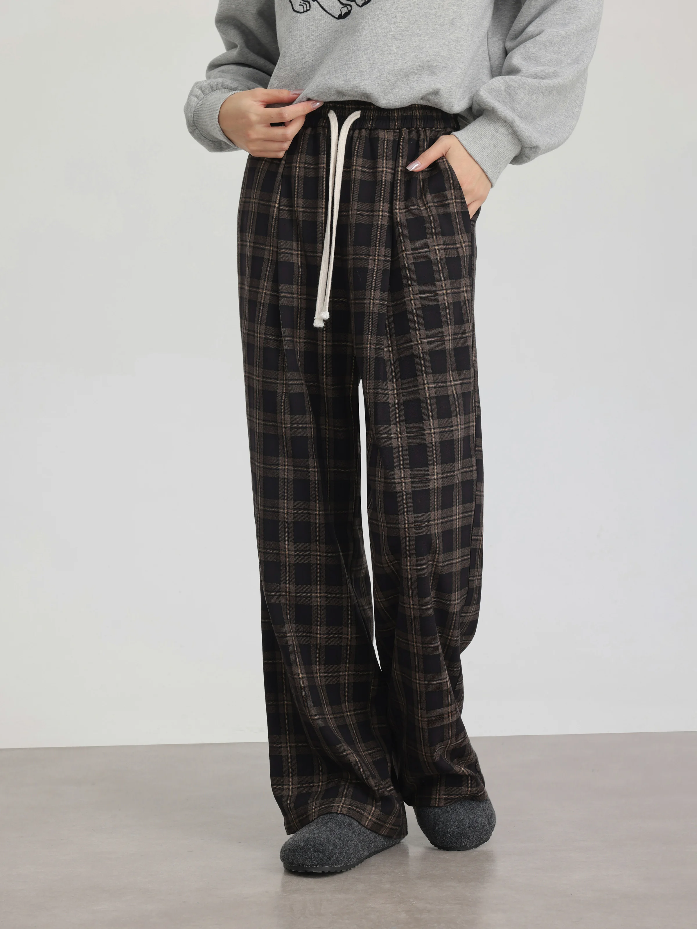 High Waist Plaid Wide Leg Pants for Women Vintage Drawstring Loose Trousers Casual Checkered Long Pants for Autumn Daily Outfits