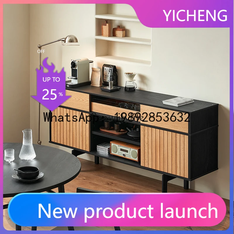 

QQ Nordic modern retro color matching solid wood wabi-sabi wind dining side cabinet light luxury household wall storage cabinet