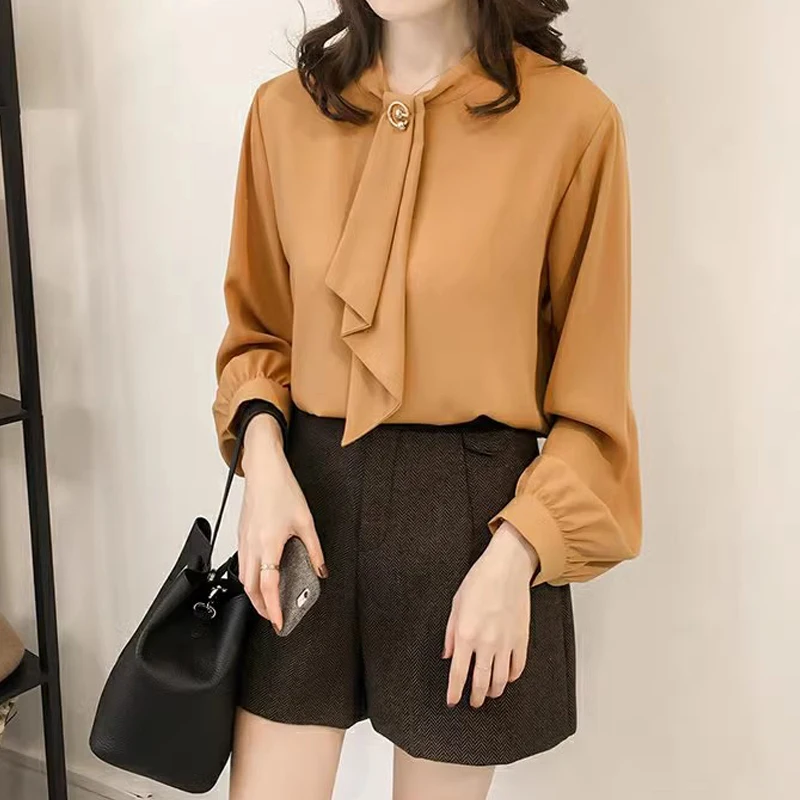 PLAZSON Solid Office Ladies Chiffon Blouses Spring Long Sleeve O Neck Bow Tie Top Elegant Workwear  قمصان وبلوزات  camisas