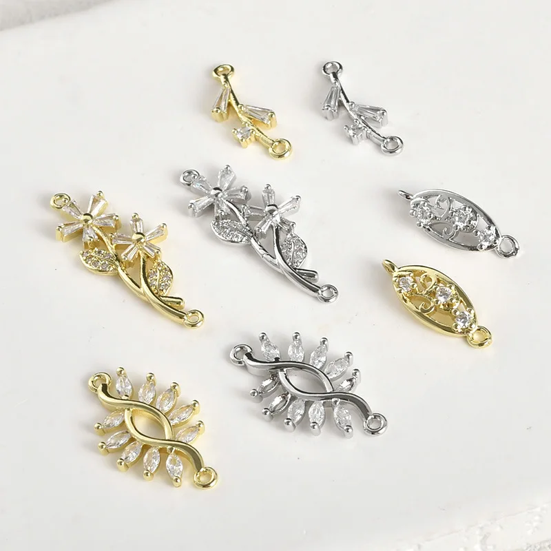 14k Real Gold Color Retention Zircon Double Hanging Leaves Flower Connection Pendant DIY Handmade Bracelet Necklace Accessories