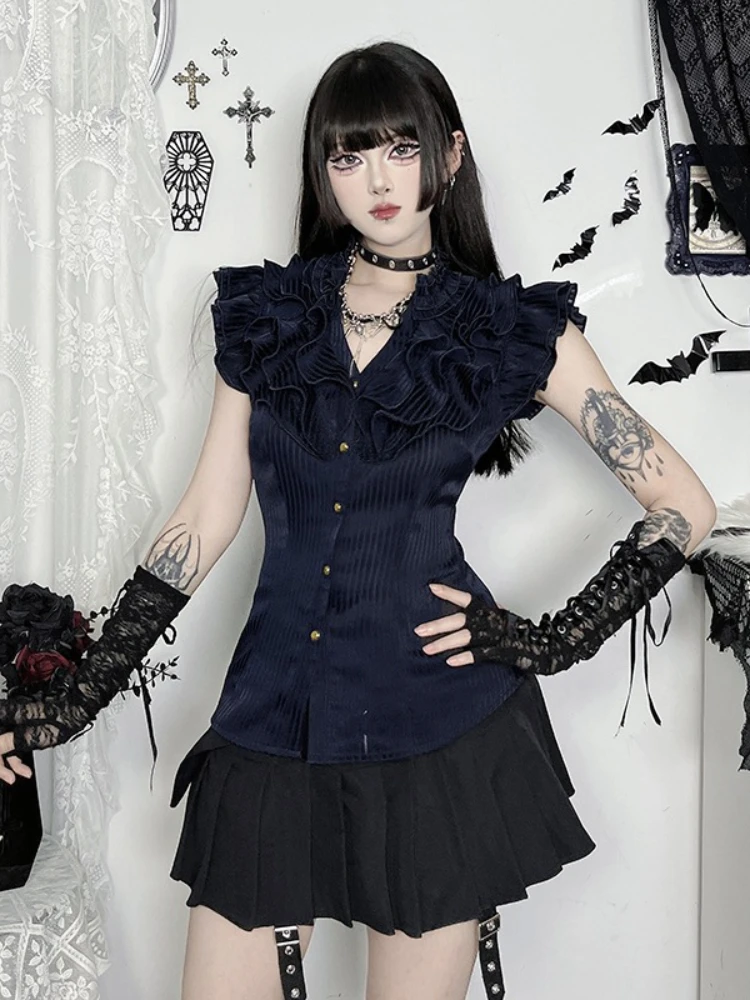 AltGoth ヴィンテージエレガントな宮殿スタイルシャツ女性ダークゴシックセクシーなホットスイート Y2k E-girl パンク V ネックフリルパッチワークブラウス女性