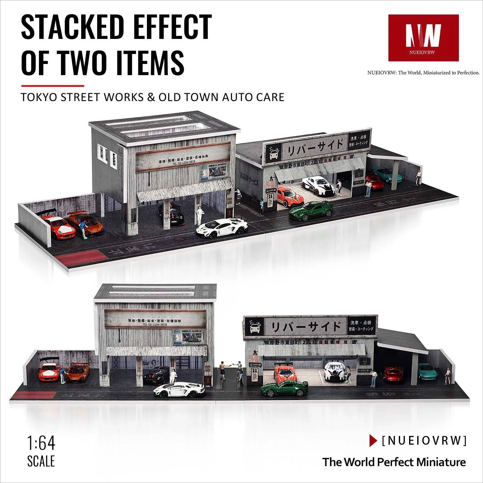 Diorama 1/64 Car Repair Workshop Building Model LED Street Sand Table Scene Japanese-style Garage Model Alloy Car Parking Display