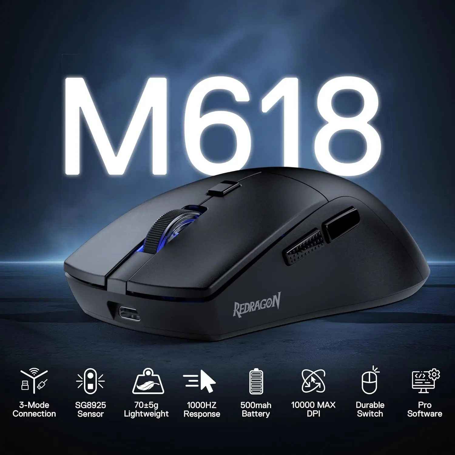 Redragon M618 LIT Wireless Gaming Mouse, 10000 DPI Optical Ergonomic Mouse with 6 Programmable Buttons
