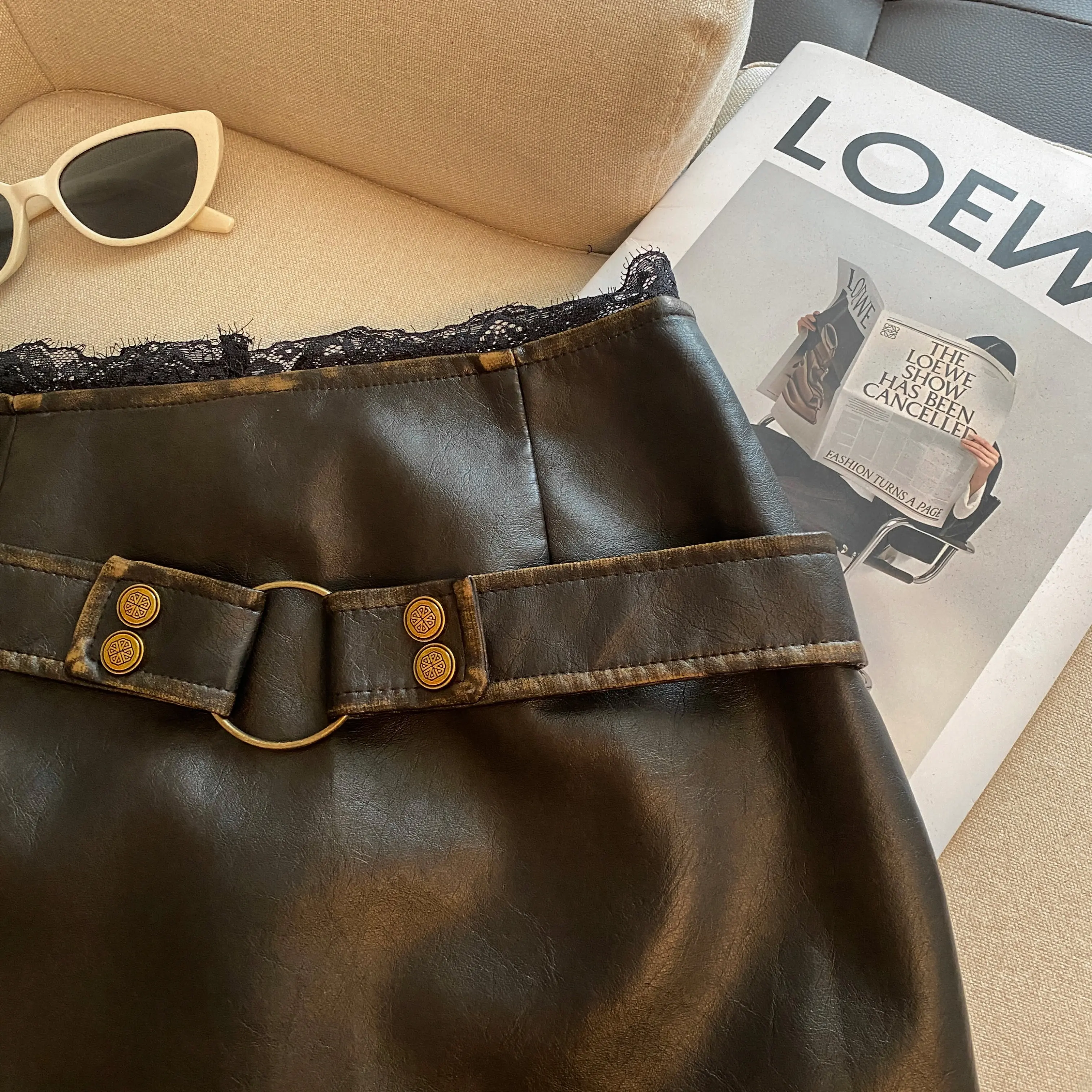 스윗 쿨 빈티지 스타일 하이웨이스트 PU 레더 미니스커트 여성 섹시 레이스 패치워크 브라운 A라인 숏 스커트 Y2k 펑크 스트릿웨어