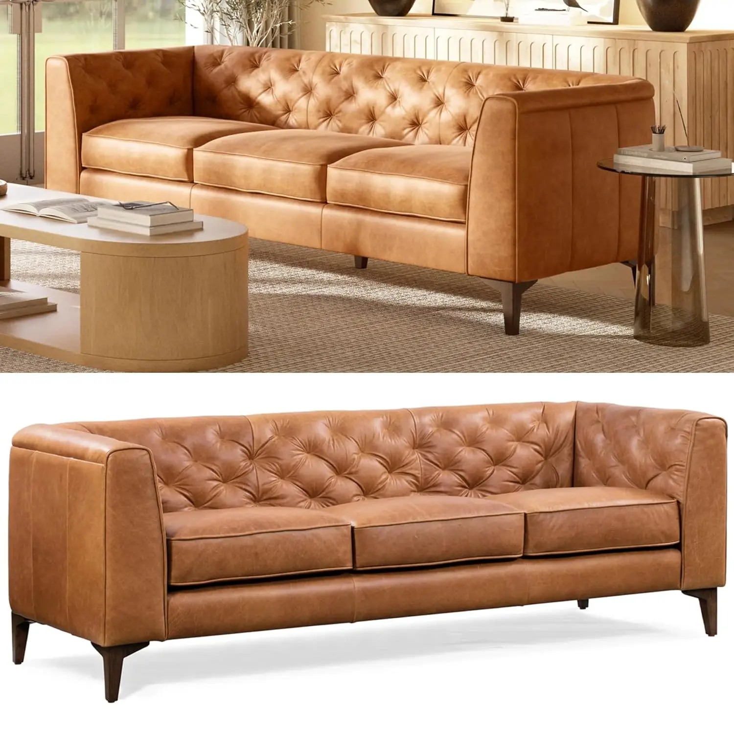 Essex 89” Full-Grain Italian Leather Sofa – Tufted Back, Feather-Down Comfort, Solid Wood Frame, Cognac Tan, Customized