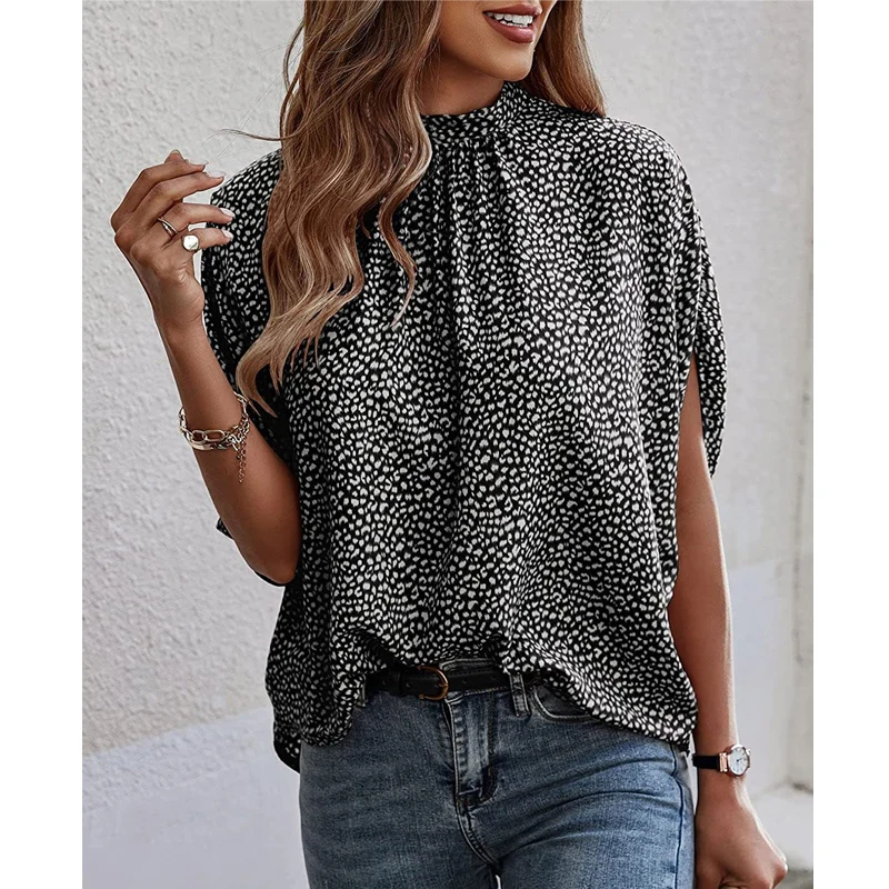 Women Lace Up Batwing Sleeve Oversized Vintage Elegant Blouse Summer Trendy Ruffled Leopard Print Street Shirts Casual Tops 2023