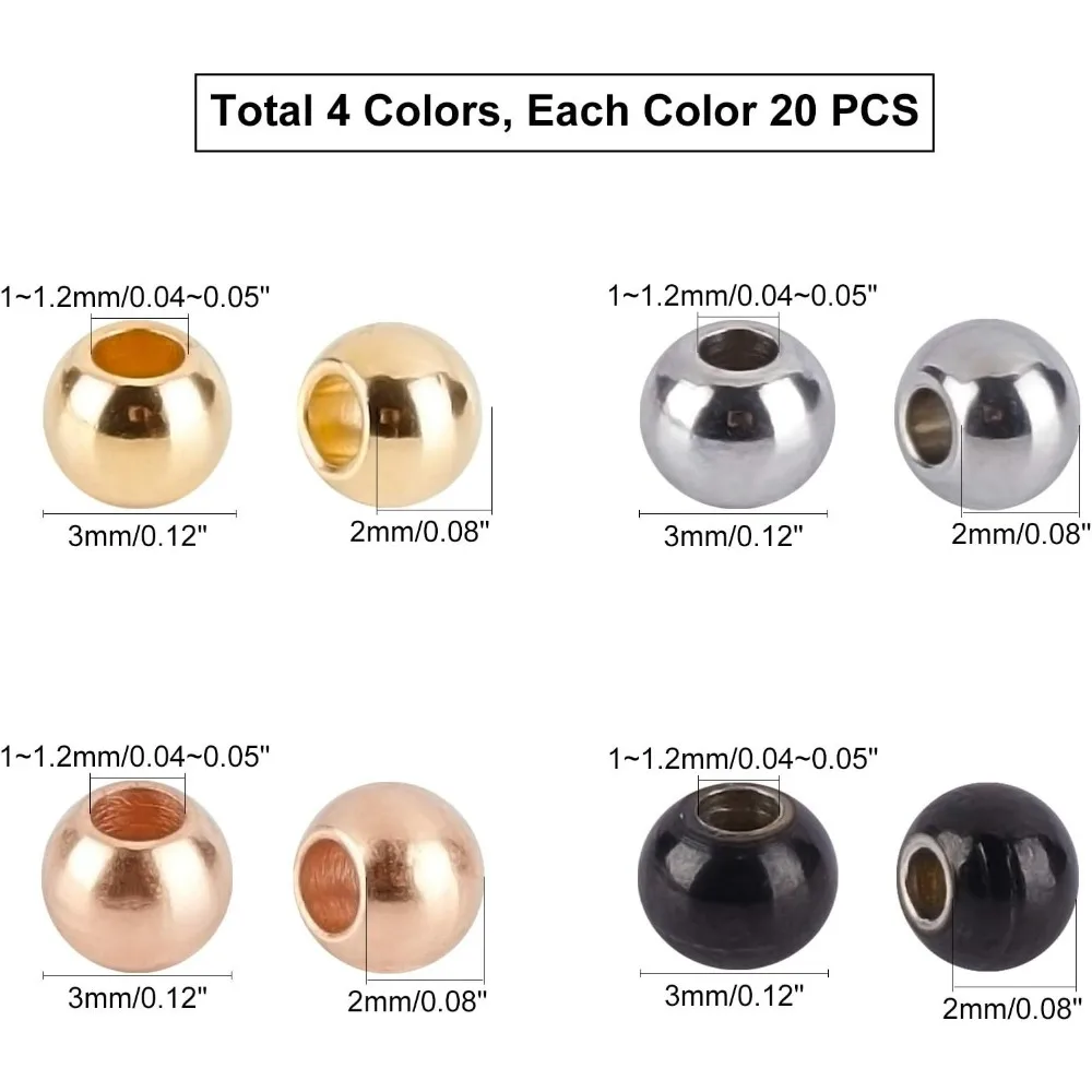 4 Colors 80pcs 3mm Round Spacer Beads Stainless Steel Loose Beads 1mm Small Hole Beads Spacers Finding Metal Spacers