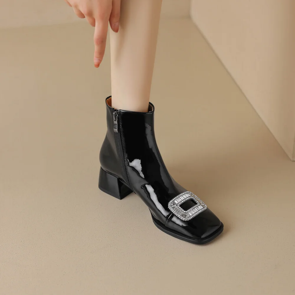 Women's Patent Leather Chelsea Boots Square Toe Low Heel