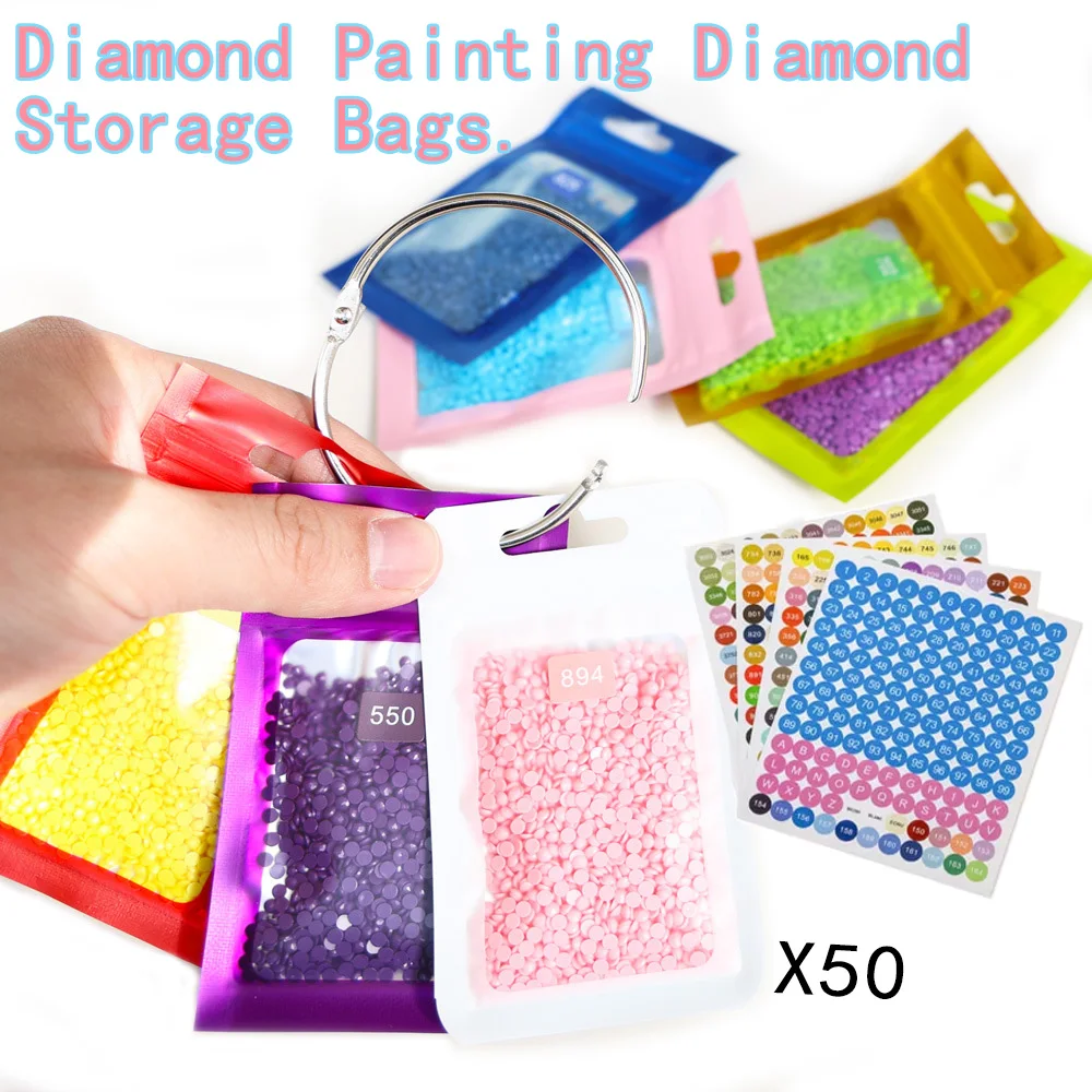 50pcs Diamond Painting Bead Storage Bags with Labels, Reusable Zip Bags for DIY Rhinestone Art Craft Accessories Organizer
