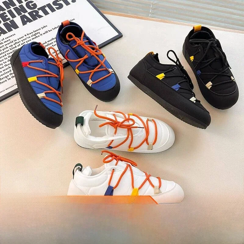 Warm Fleece Lined Men's Winter Sport Shoes Dopaamine Color Cotton Shoes Fashionable Snow Boots Short Tube Low Heel round Head