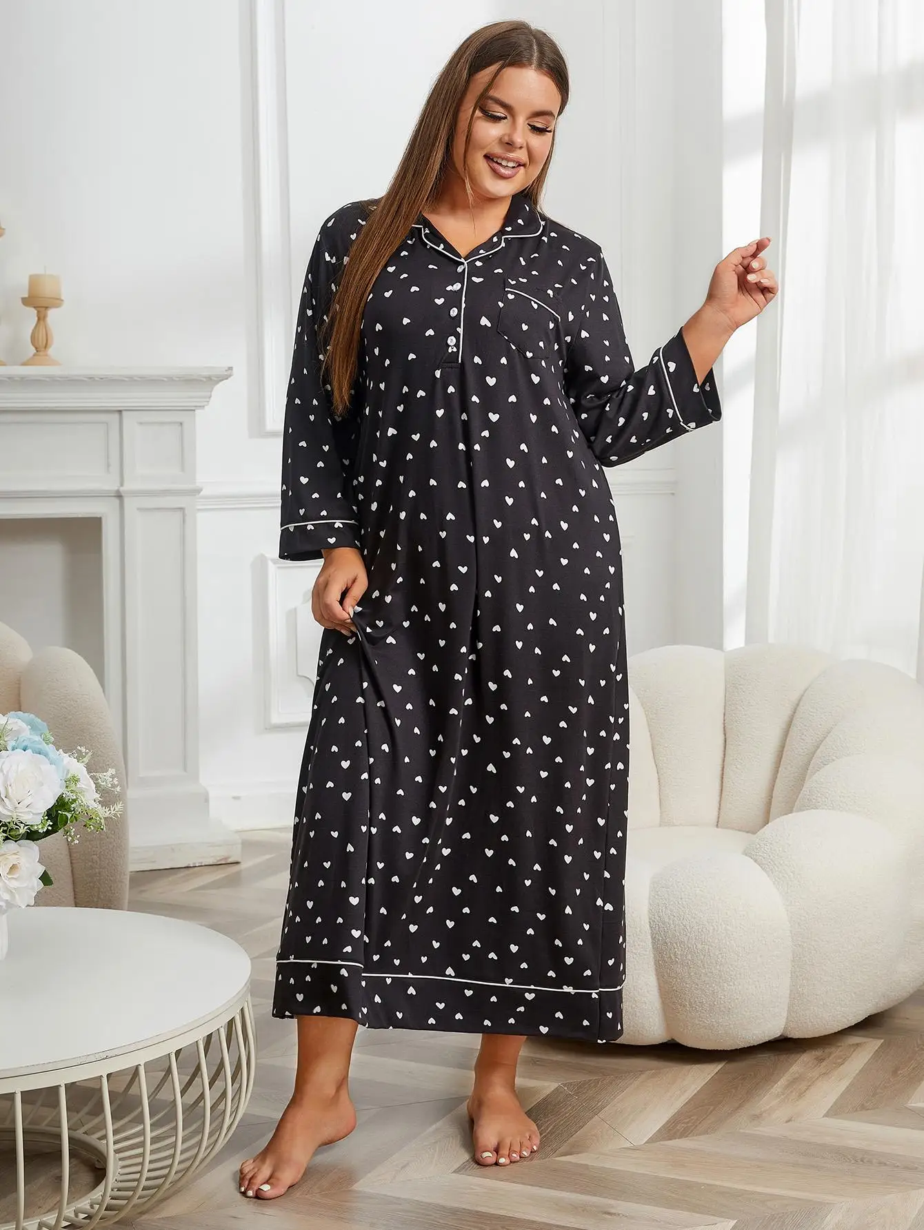 Plus Size Women Nightgown Notched Collar Female Sleepwear Dress Long Sleeve Fall Nightwear Front Button Homwear Clothing