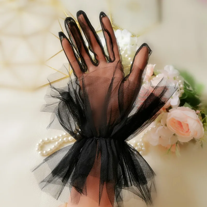 Sarung Tangan Tulle Tipis Pendek Sarung Tangan Gaun Pengantin Wanita Sarung Tangan Pengantin Mode Sarung Tangan Pengantin Panjang Pergelangan Tangan Transparan Titik Hitam Putih Wanita