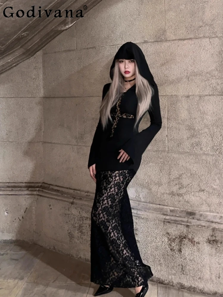 

Halloween witch cos gothic black lace long sleeves sexy dresses temperament girl subculture high waist slim street hooded dress