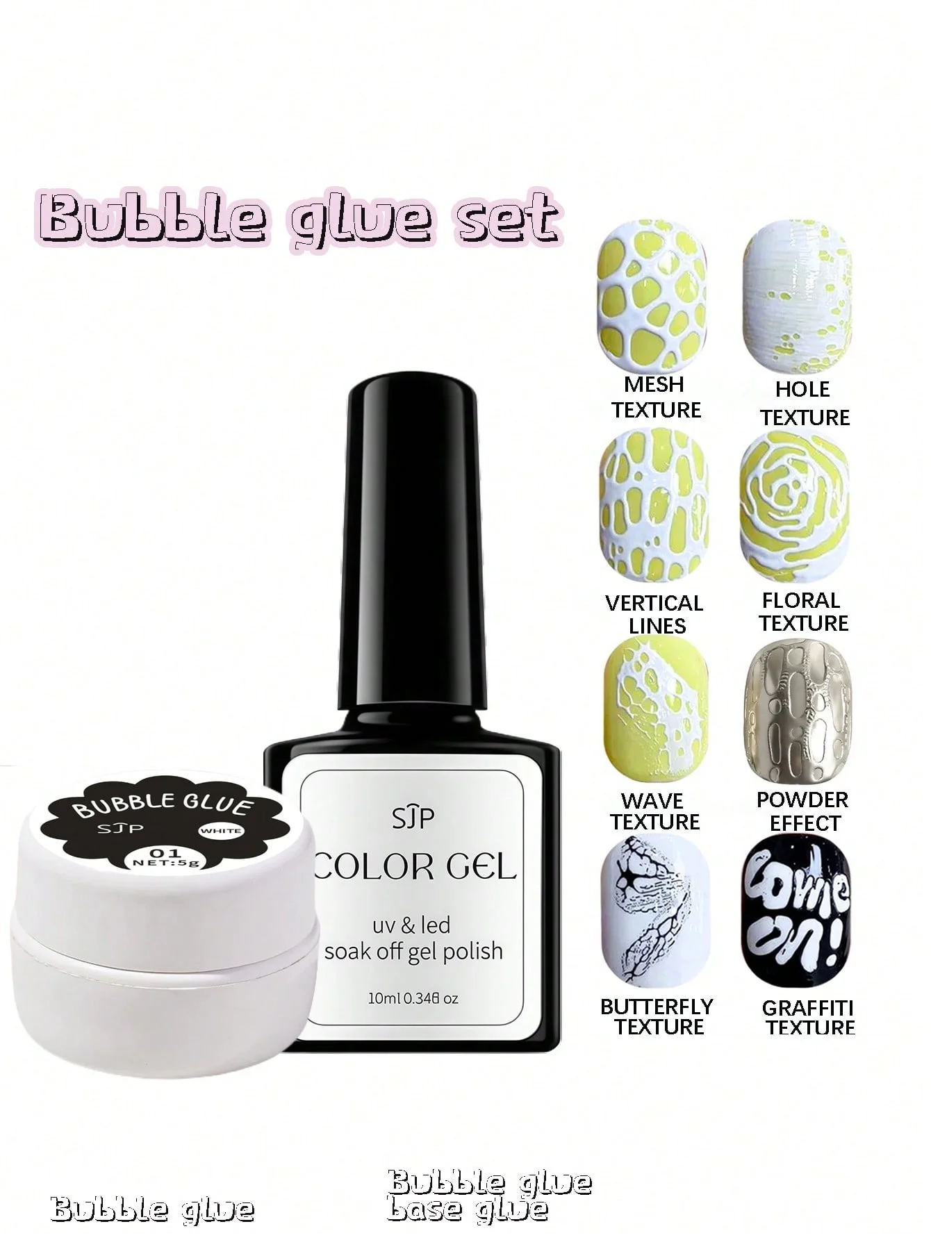 Conjunto de cola bolha de 2 peças, novo estilo, rede de cola de onda branca, cola de buraco, alta saturação, pintura colorida, esfregar, material de unha, cola w