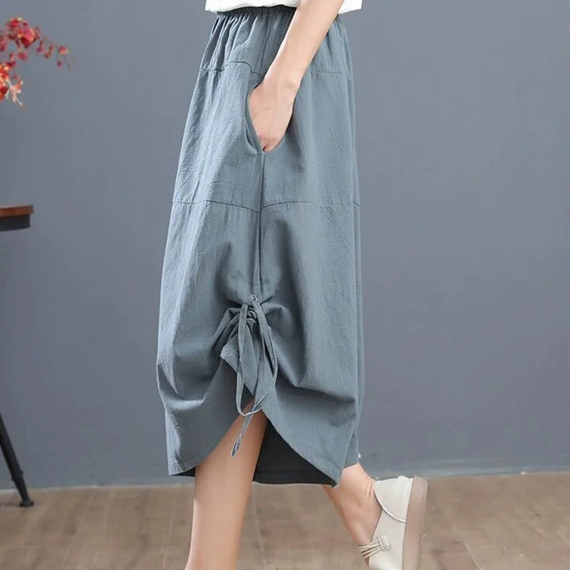 Oversized Women Clothing Office Lady Lacing Solid Color Elastic Waist Calf-Length Pants Ladies Casual Pocket Loose Waist Pants