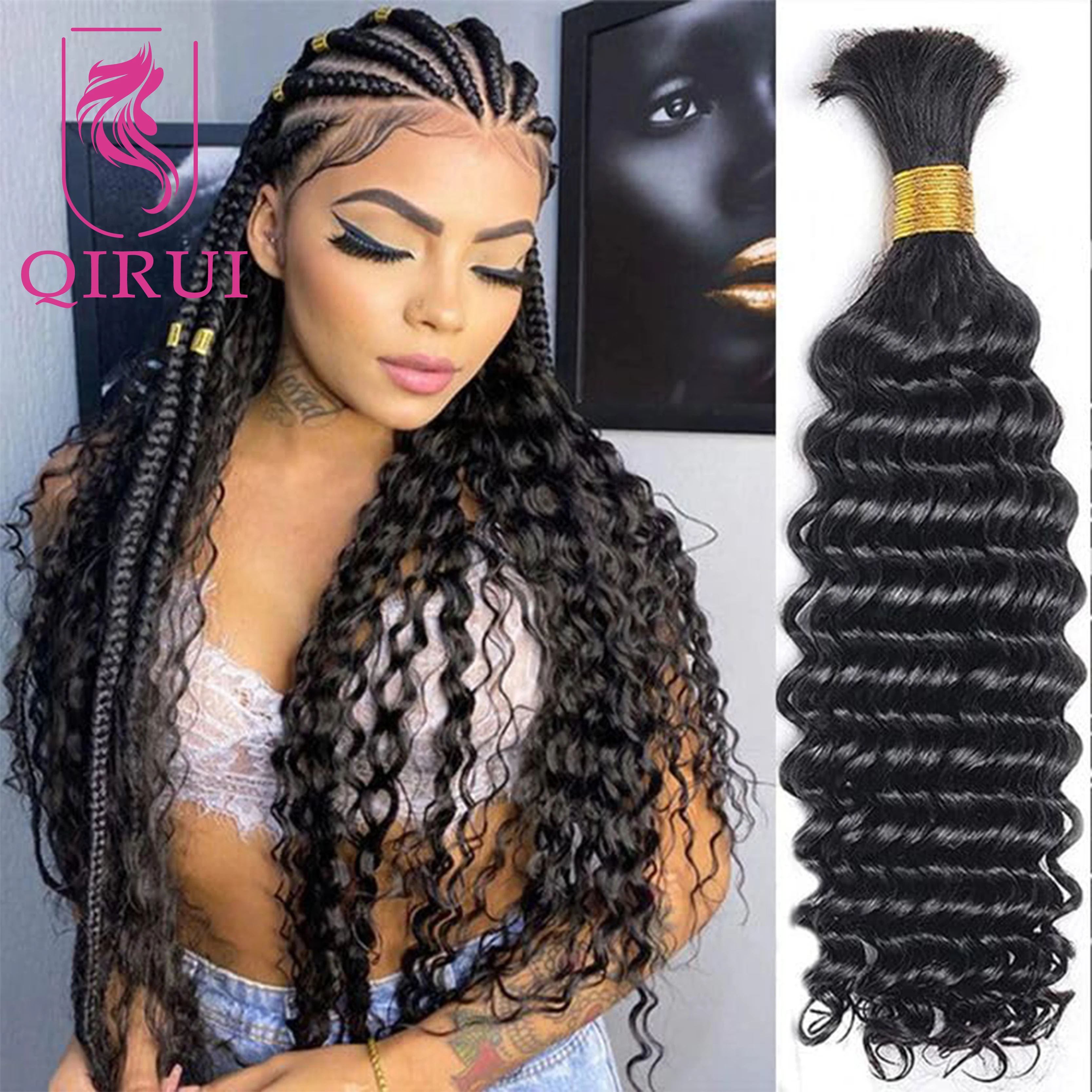 Human Hair Bulk For Braiding Deep Wave Brazilian Remy Double Drawn No Weft Extensions Boho Box Braids Hair For Black Women