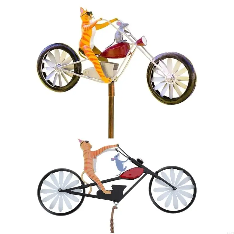 L9NB Wrought Iron Bike Wind Spinner with Standing Rod 3D Animal Cats Mouse Outdoor Windmill Pinwheel Garden Yard Lawn