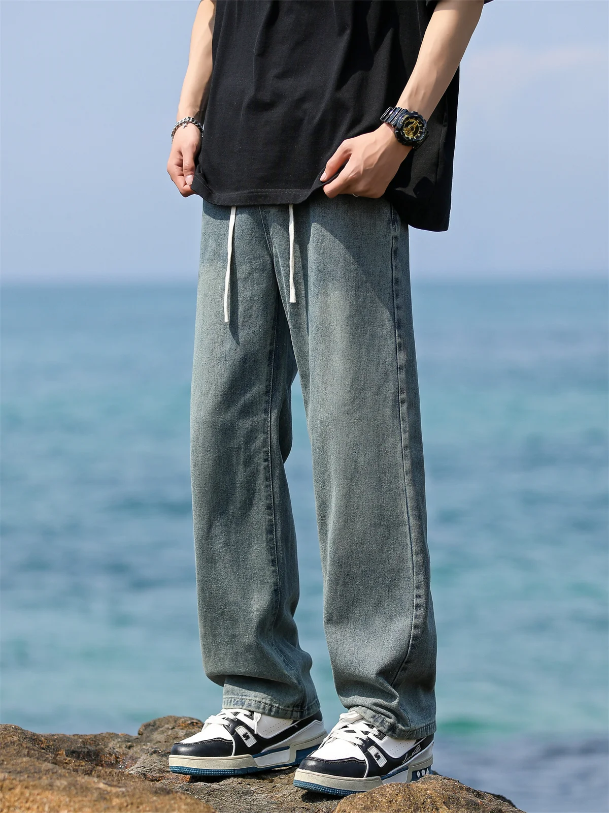 

Casual Loose Men's Straight Leg Jeans Spring Summer New Style Wide Leg Washed American Retro Long Pants Leisure Fashion