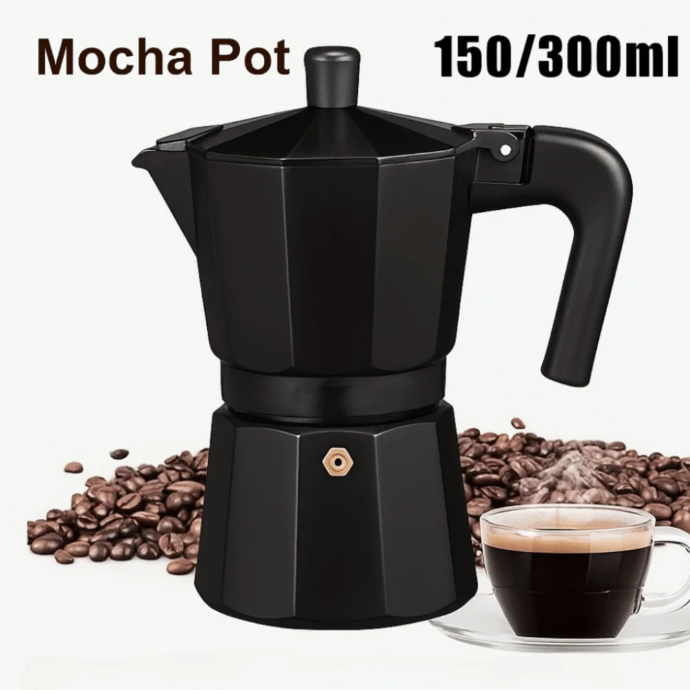

Черная кофеварка Moka Pot, алюминиевая восьмиугольная кофеварка для эспрессо, 150 мл/300 мл с ручкой, инструменты для заваривания кафе