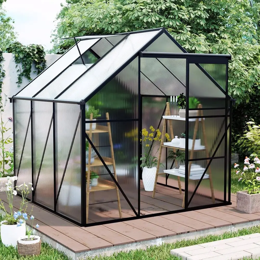 Sturdy 6x6 Polyethylene Greenhouse with Gutters, Sliding Door, Ventilation, and Walk-in Design for Year-Round Gardening (Black)