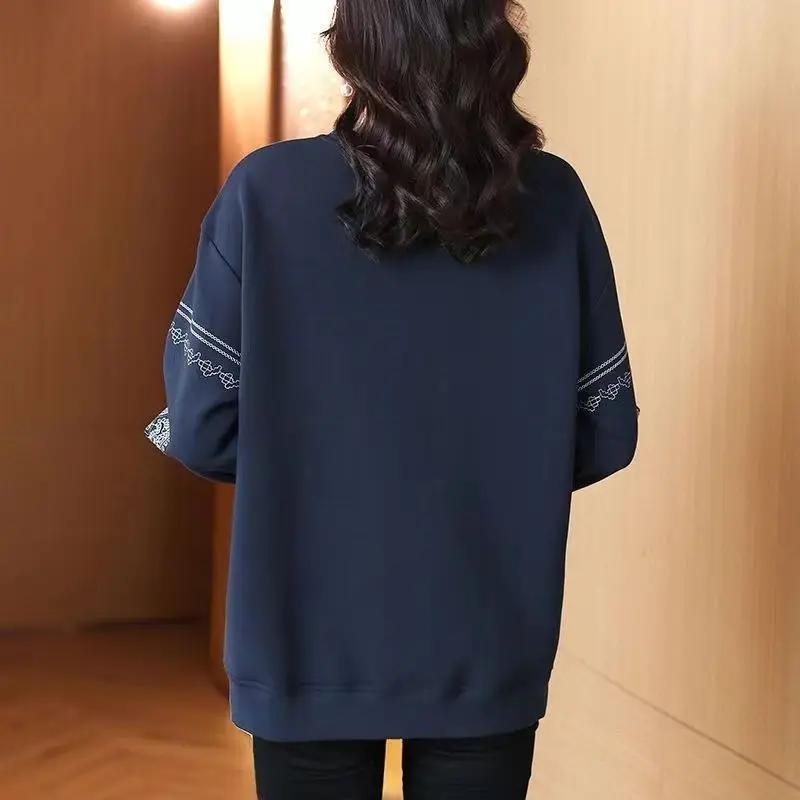 Embroidered Lace O-Neck Women's Spring and Autumn 2024 New Splicing Fashion Loose Minimalist Casual Long Sleeve Sweatshirts