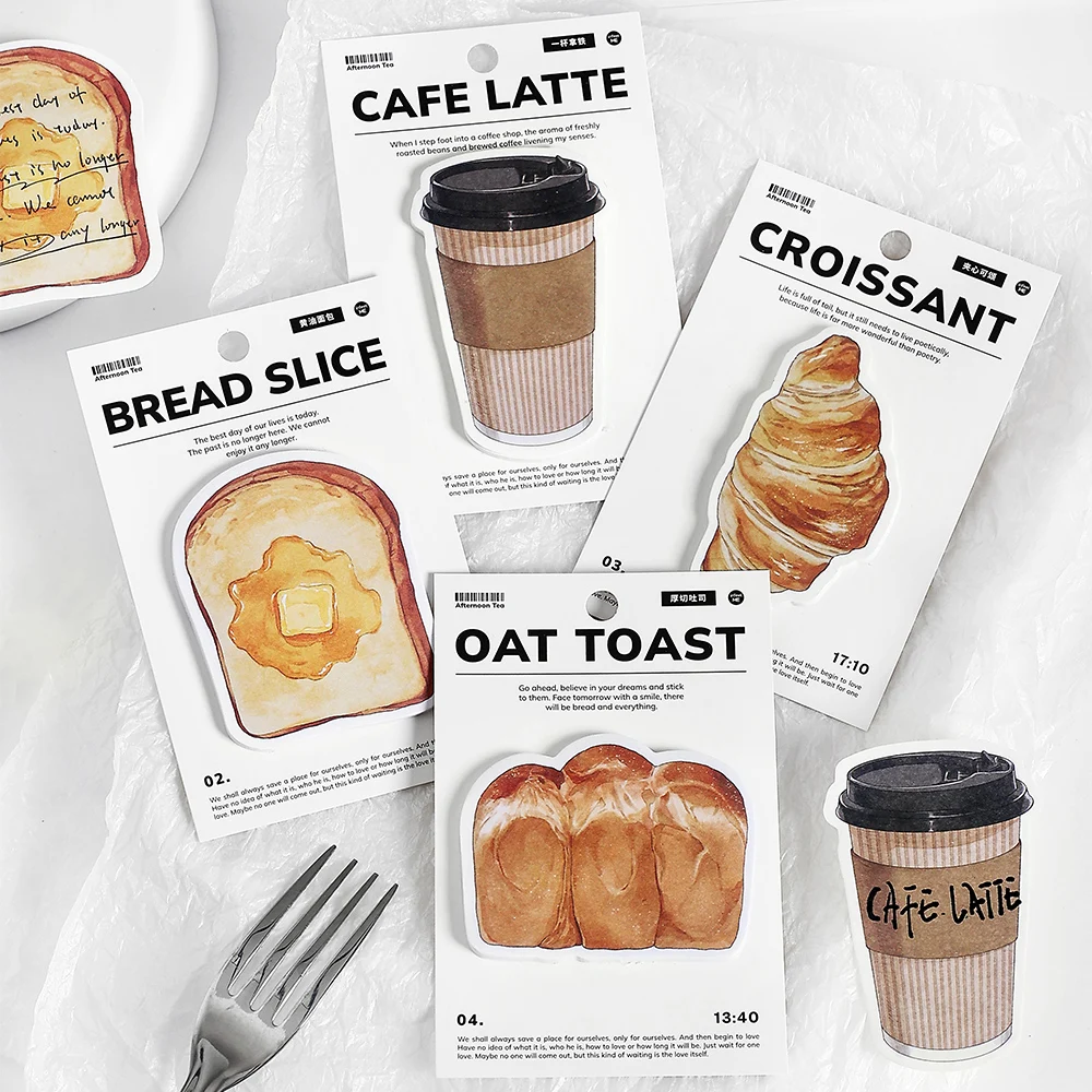 Cute Bakery Themed Sticky Notes - Toast Bread Slice Croissant Coffee Pattern Writing Paper Memo Pad School Stationery Supplies
