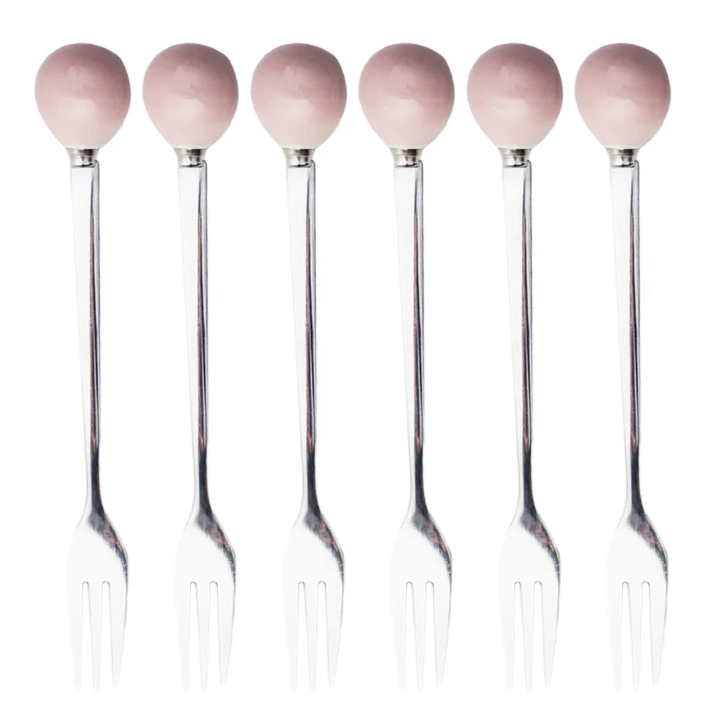 

6Pcs Ceramic Handle Stainless Steel Fork Mini Creative Flatware for Dessert Coffee Cake Bistro Bar Home Use Pink
