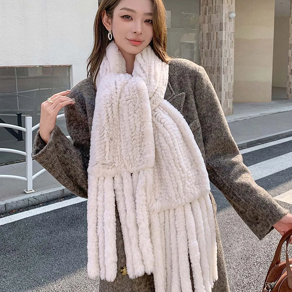 

2025 Luxury Women 100% Real Rex rabbit fur Scarf With Tassel Hand Knitted Natural Rex rabbit fur Scarves Neck Warmer