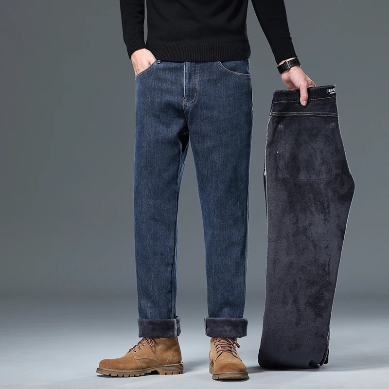 

Classic Business Casual Men's Winter Jeans High Waist Stretch Comfort Plush Lined Warm Pants Blue Gray Thickened Denim Pants