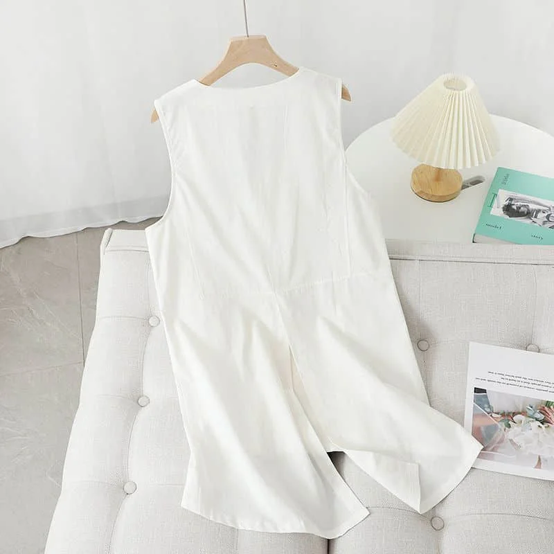 Cotton Linen Vest Women Summer Thin Korean Style Casual Loose Asymmetric Mid-length V-Neck Sleeveless Cardigans Women Clothing