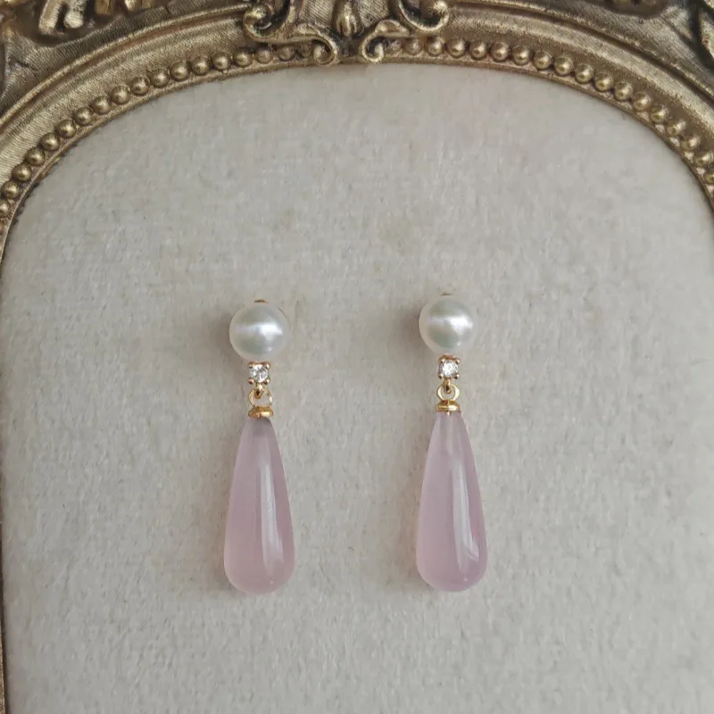 New Natural Pearl Stud Earrings Pink Agate Rose Quartz Stone Literary Style Elegant Simple Water Drop Tassel Earrings for Women
