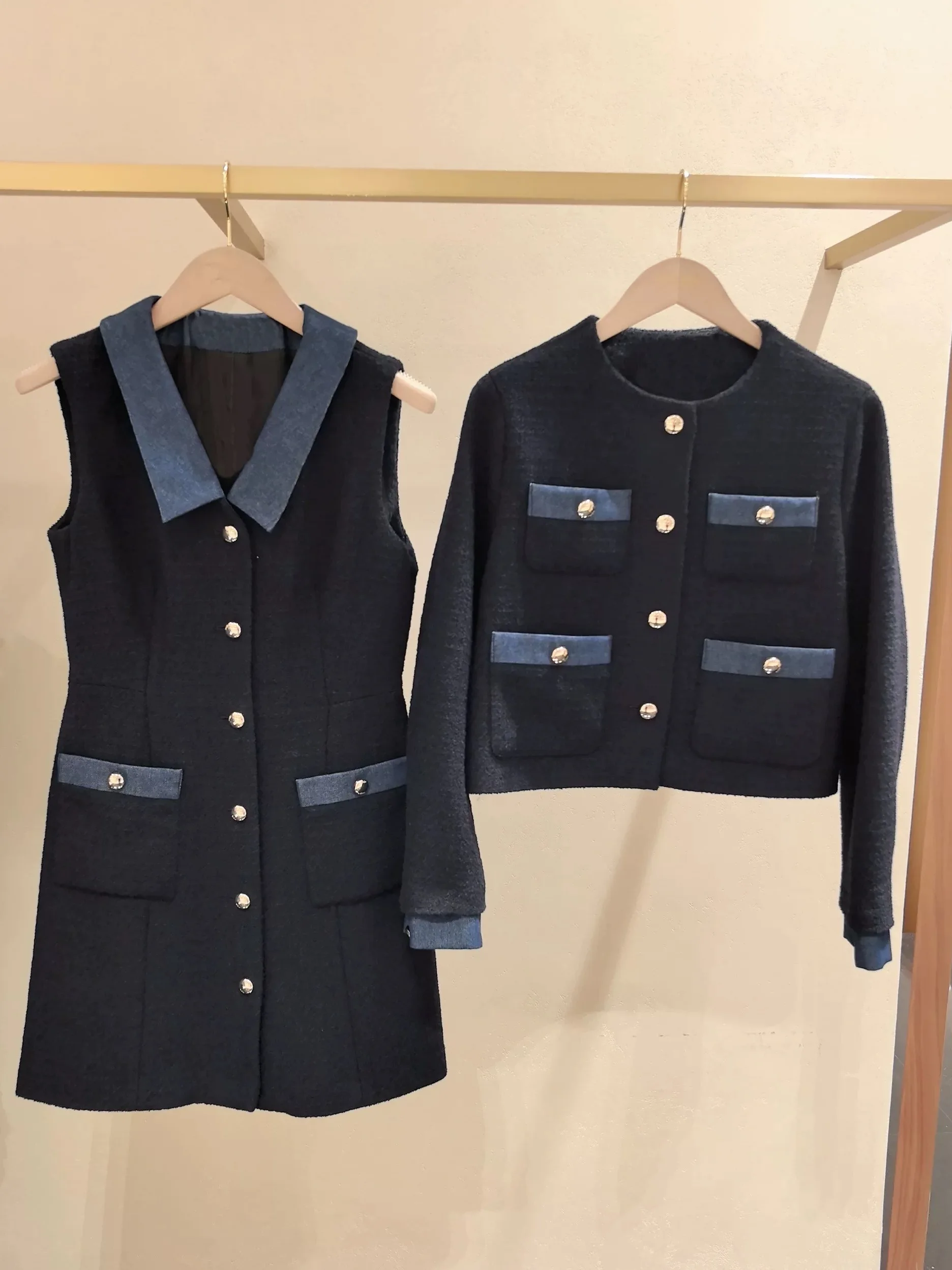 

Spring 2026 Women's Blue Tweed Denim round Neck Jacket Waist Cinched Dress Set Casual Sportswear Polyester Long Sleeve Zipper