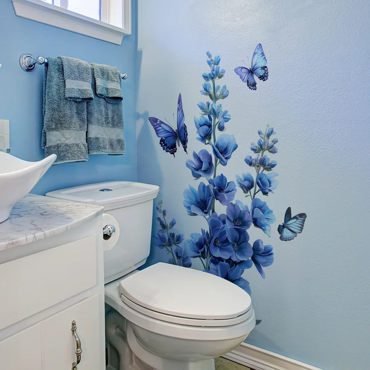 1Pc Romantic Blue Flower Butterfly Wall Sticker Living Room Bedroom Decor Home Wall Decor Self-adhesive Stickers Room Decoration