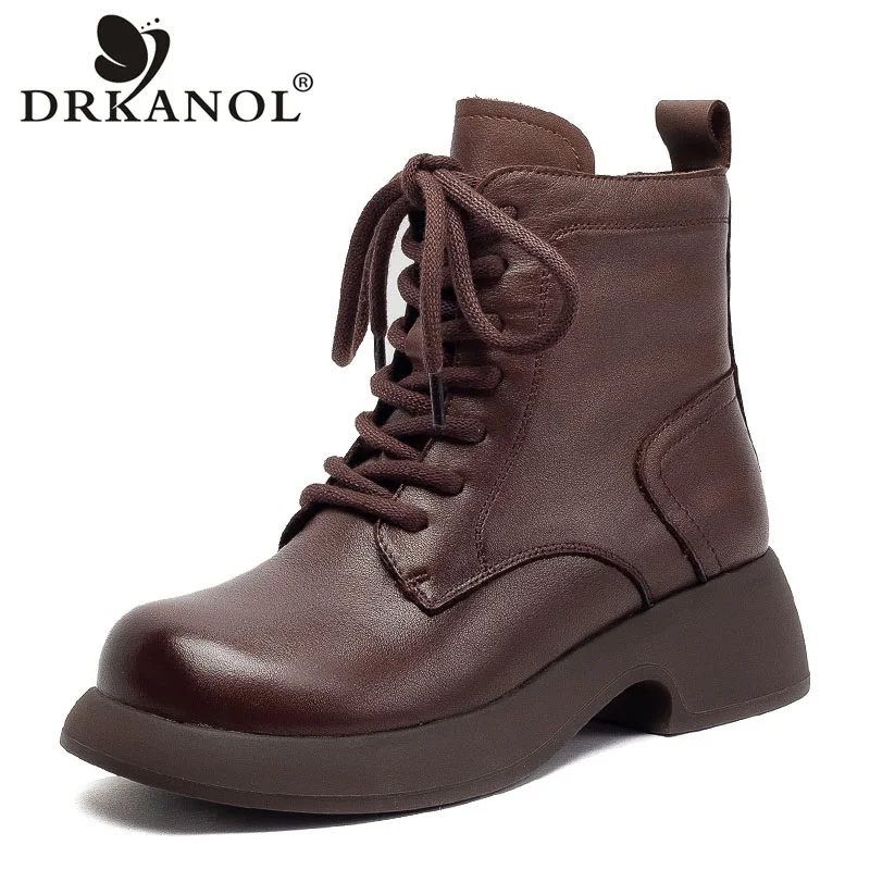 

DRKANOL модные женские шерстяные зимние ботинки на толстом каблуке, 2026, качественные женские ботильоны из натуральной коровьей кожи из овчины на меху, теплые женские ботильоны на платформе